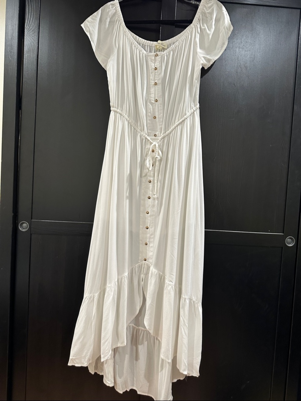 Boho White High-Low Button Maxi Dress with Braided Tie